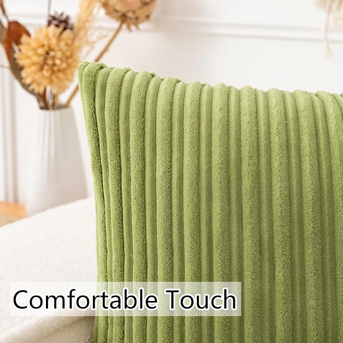 UGASA Pack of 2, Velvet Pillow Covers Striped, Soft Textured Throw Cushion Case Set, Accent Corduroy Lumbar Pillowcases with Hidden Zipper for Home Decor Indoor Outdoor (12"x20", Green)