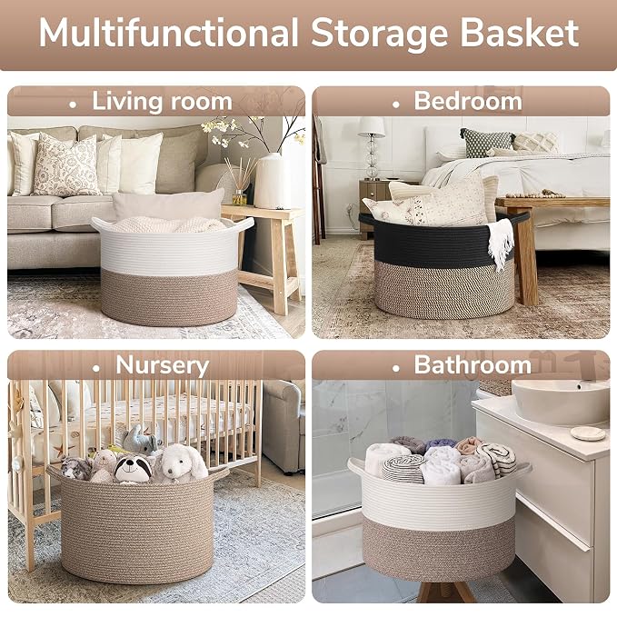 Goodpick 65L Large Woven Rope Basket for Blankets Living Room, 65L | 19.7 x 19.7 x 12.6 In Woven Basket for Storage, Kids Toy Storage for Playroom, Laundry Basket for Towels, Light Brown