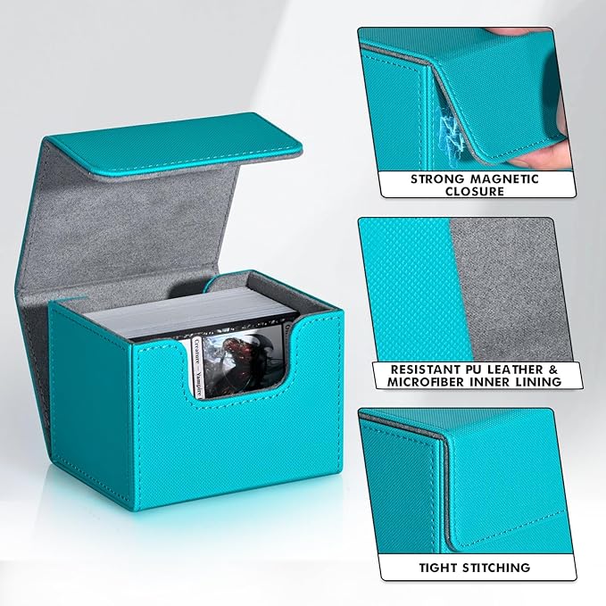 ZLCA Card Deck Box for Trading Cards, MTG Commander Deck Box Holds 120+ Single Sleeved, Leather Magnetic Card Storage Case Fits for TCG CCG Magic (Turquoise)