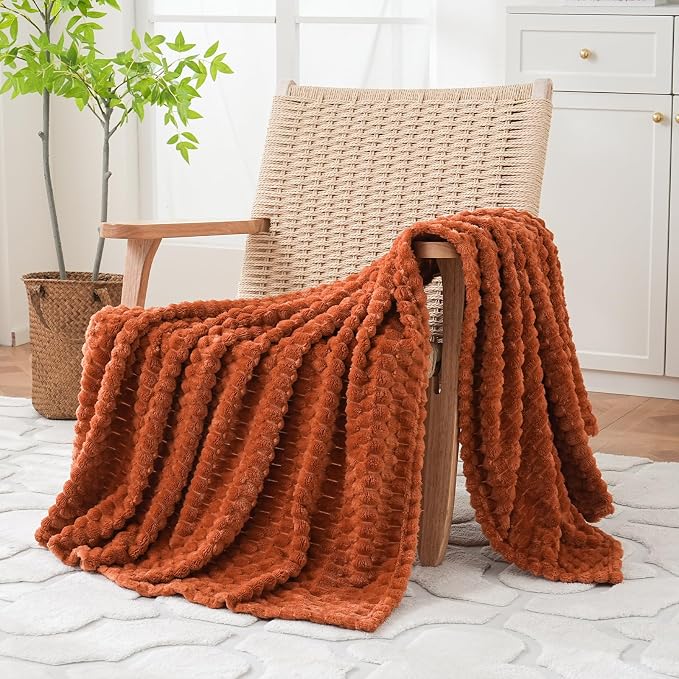 Puncuntex Burnt Orange Throw Blanket 90"×90" Fuzzy 3D Jacquard Decorative | Flannel Fleece Super Soft Plush Cozy Blanket for Couch Sofa Chair Lightweight