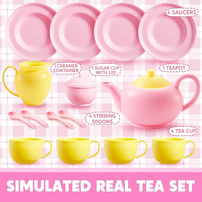JOYIN 18PCS Pretend Role Play Tea Party Set, Pink Plastic Tea Set, Mini Kitchen for Kids, Gifts for Toddler Boys Girls, Gift for Christmas