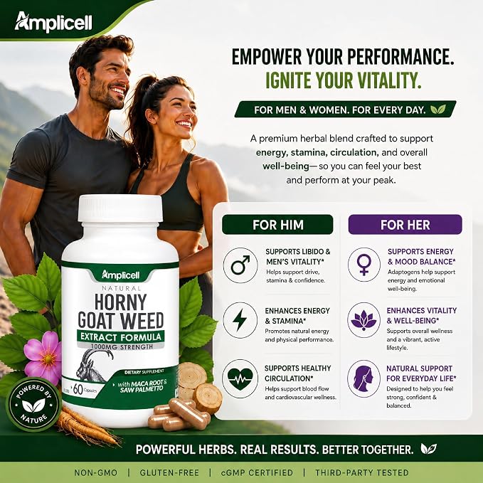 Horny Goat Weed Complex Supplement with Maca Root, Tongkat Ali, L-Arginine & Panax Ginseng – Energy, Stamina, Circulation & Vitality Support for Men & Women – Herbal Adaptogen Blend – 60 Capsules