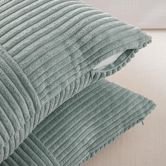 Fancy Homi 2 Packs Grey Blue Long Lumbar Decorative Throw Pillow Covers 12x24 Inch for Couch Bed Sofa, Rustic Farmhouse Boho Home Decor, Soft Striped Corduroy Rectangle Accent Cushion Case 30x60 cm