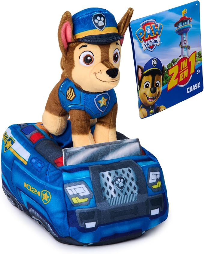 Paw Patrol Chase 2-in-1 Vehicle Plush, 6-Inch Stuffed Animal with 8-Inch Plush Toy Police Cruiser, Kids Toys for Boys and Girls Ages 3 and Up
