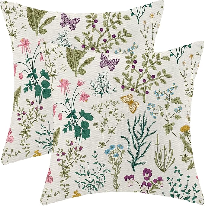 AEIOAE Spring Pillow Covers 20x20 Inch Set of 2,Sage Green Teal Wild Flower Plant Throw Pillows Case,Seasonal Floral Outdoor Decorative Linen Farmhouse Decor Cushion Covers for Home Sofa Bed Couch