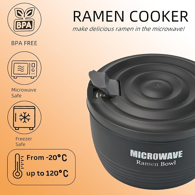 Layron 2 Sets Microwave Ramen Cooker Bowl 45 oz Instant Noodle Bowl with Handles Ramen Noodle Cooker with Spoon Chopsticks Fork Knife College Dorm Room Essentials(Black, Black)