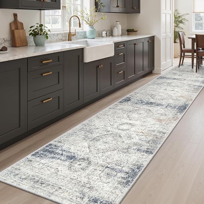 Soalmost Runner Rug 2x10 Washable Hallway Kitchen Runners Blue/Ivory | Non-Slip Vintage Rugs for Bathroom Laundry Room, Soft Low Pile Foldable Floor Carpet Mat for Entryway Corridor Bedroom