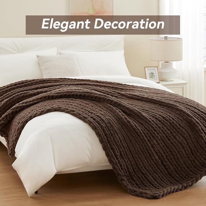 Negwoo Chunky Knit Throw Blanket, Knitted Throw Chenille Yarn, 40"*50" | Soft Thick Cable Knitted Blankets, Handmade Big Thick Blanket, Machine Washable Cute Comfy Blanket for Home Decor, Dark brown