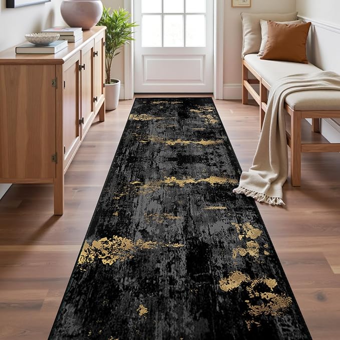 RELEANY Washable Runner 2'x10' Abstract Area Rug for Hallway Black Gold | carpet for kitchen, entryway, bathroom, living room, bedroom, printed pattern, non-slip, soft, stain-resistant, easy to clean