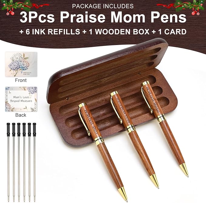 Renawe Cool Wooden Pens with Pen Box Gift for Mom, Mother In Law, Christmas, Mother's Day, Birthday Ideas, Cute Engraved Pens, Unique Presents for New Mom from Daughter Son
