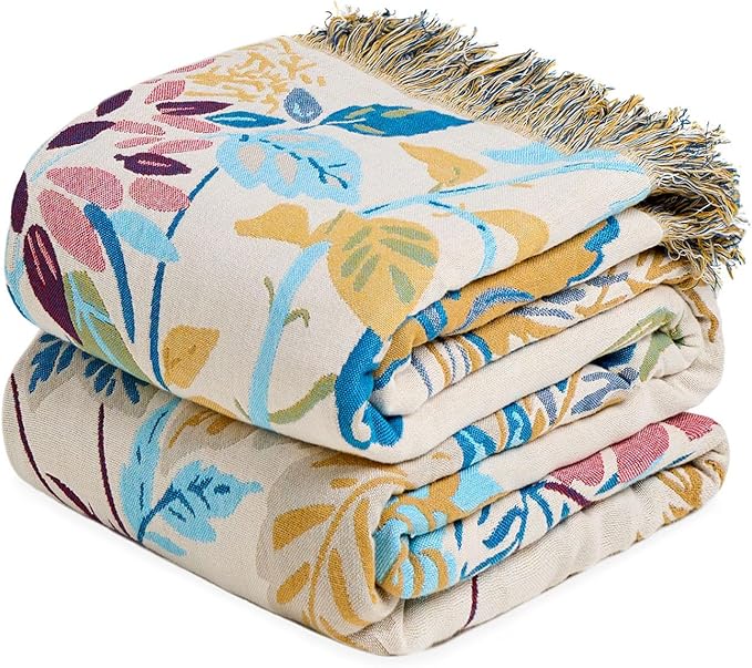 LUTBM Boho Throw Blanket for Couch 50"x60", Cotton Decorative Bed Throw | Reversible Floral Leaves Jacquard, All-Season Lightweight Breathable Blankets, For Chair Sofa Bedroom Living Room