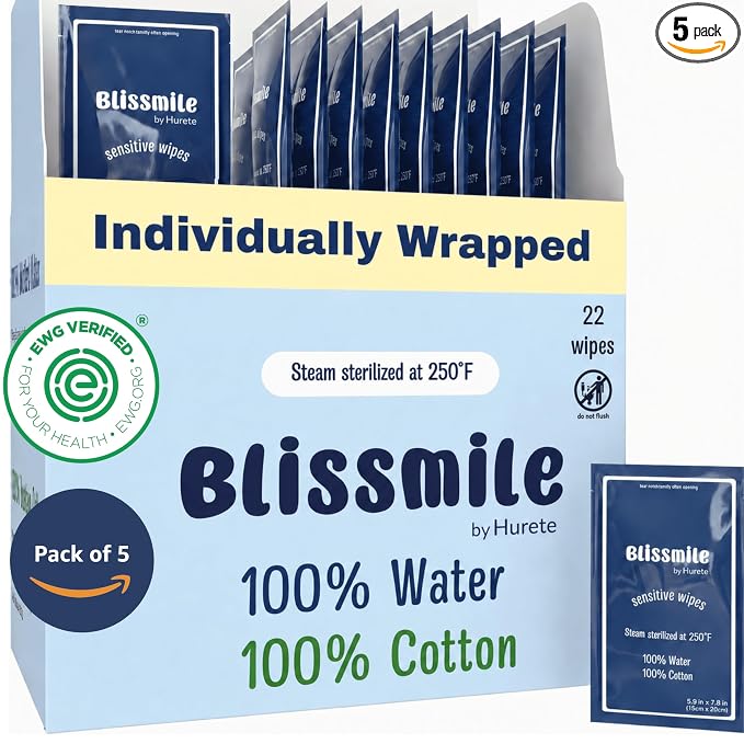 Blissmile 100% Water Wet Wipes, Individually Wrapped Travel Size - Unscented & Fragrance-Free, 100% Cotton - Gentle for Baby, Women & Sensitive Skin - Face, Hand, Body & Feminine Care - 110 ct
