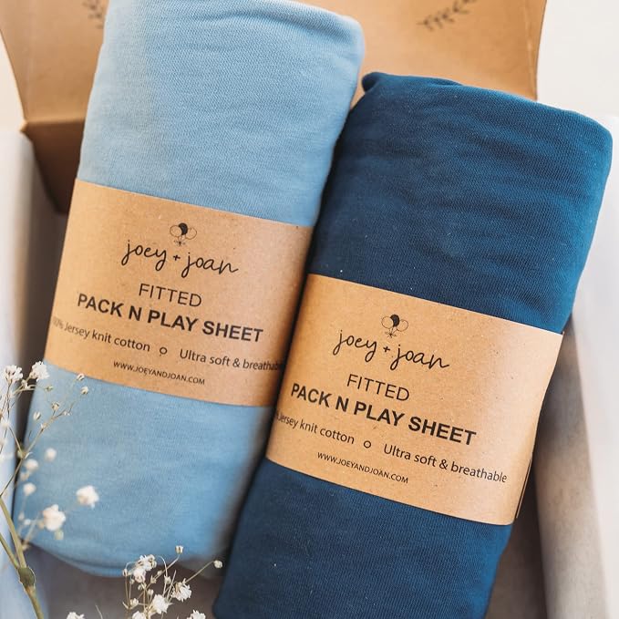 Joey + Joan Pack and Play Sheets Fitted – Compatible with Graco Pack n Play Playard Crib and Other 27 x 39 Inch Playpen Mattress – Buttery Soft 100% Cotton – Dusty Blue + Navy – 2 Pack