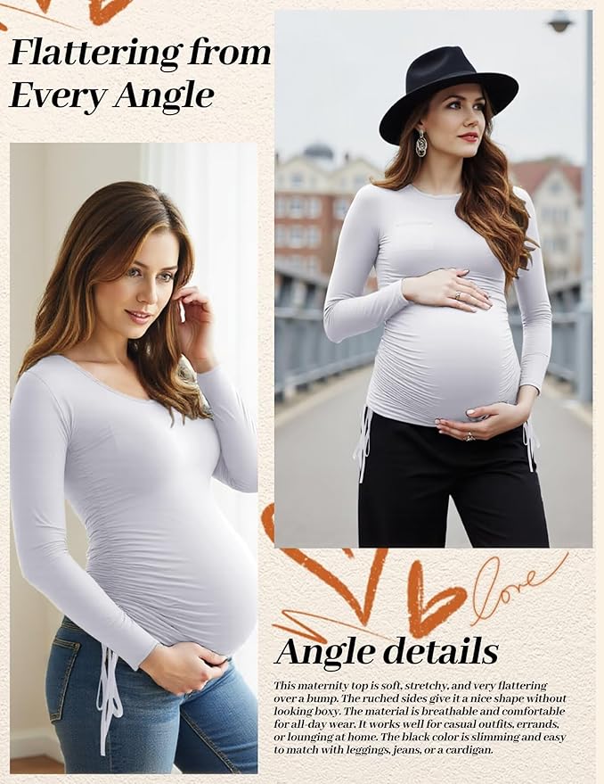 Fotociti Maternity Shirts Long Sleeve, Pregnancy Side Ruched Tops,Women’s Clothes for Mama Work Casual Yoga Wearing