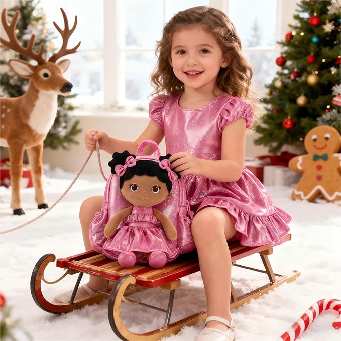 Lazada Toddler Backpack - Baby Girl Gifts Curly Fingerprints Plush Doll Dress Backpack - Fashion Girls Curly Rolled Fingerprints Series - Rose Red 11 Inches