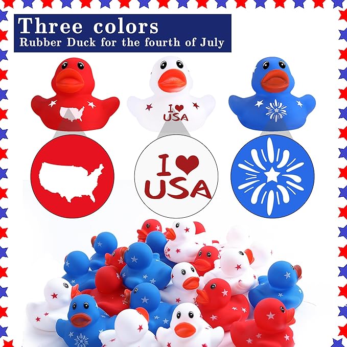 36 Pcs Patriotic Rubber Ducks, 4th of July Rubber Duck,2 Inch Red White Blue Star Float Ducky for Independence Day,Memorial Day Baby Shower Pool Party
