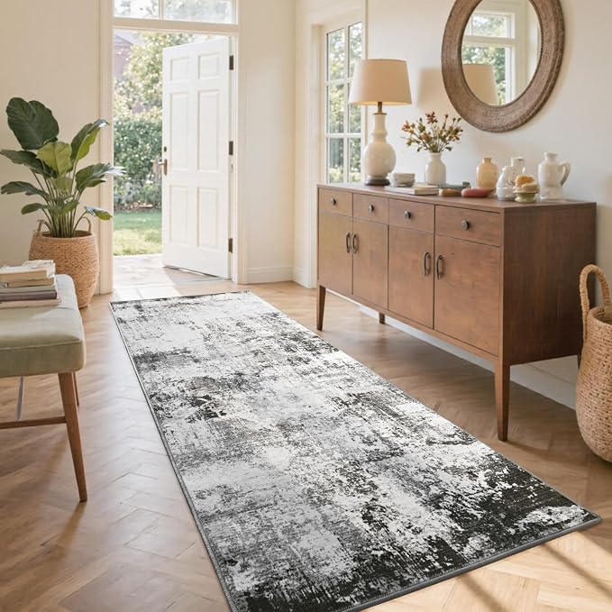 2x6 Ft Washable Runner Rug, Non-Slip Low Pile Hallway Kitchen Area Rug, Soft Long Entryway Floor Mat Abstract Pattern Carpet for Bedside & High-Traffic Areas (Grey)