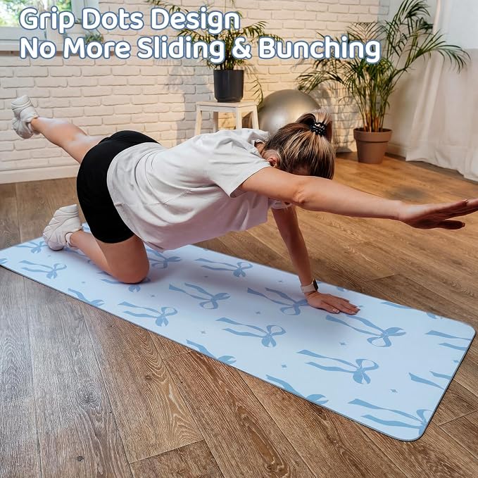 Breling Blue Bow Yoga Mat Towel with Grip Dot Preppy Coquette Bow Non Slip Ultra Absorbent Soft Microfiber Towel Without Hot Yoga Mat 72 x 24 Inch for Pilates Fitness Gym Women Birthday Gifts
