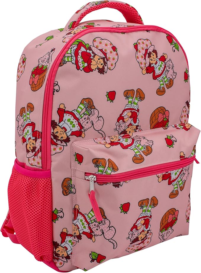 AI ACCESSORY INNOVATIONS Strawberry Shortcake 16” Backpack With Front Pocket for Girls, Allover Print Bookbag featuring Strawberry & Custard, Pink