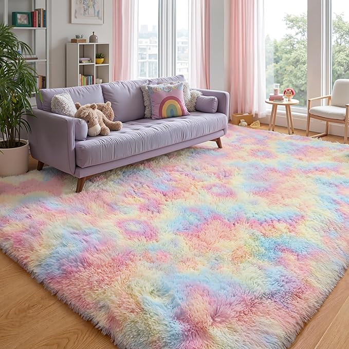 Rainbow Fluffy 9x12 Area Rug Soft Washable Shag Carpet for Girls Bedroom | Cute plush fuzzy rug for living room, kids room, nursery, dorm, baby, and toddler
