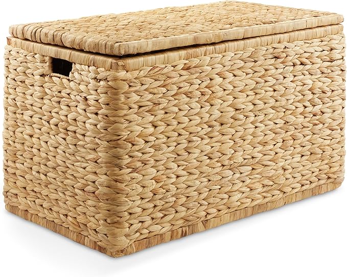 Casafield 30" Storage Chest with Lid, Handles, and Safety Hinge - Natural, Water Hyacinth Wicker Storage Trunk for Entry Way, Living Room, Bedroom