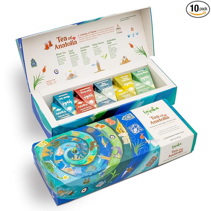 Lazika Tea Sampler with Premium Presentation Box, 10 Counts, Mothers Day Gifts, 2 of Each Blend Individually Wrapped, Black, Green and Herbal Tea Variety Gift Set, Collection with Pyramid Infuser Bag