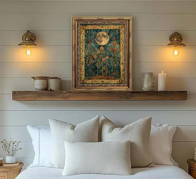 Vintage Gold Framed Celestial Moon Wall Art,Tarot Crescent Moon Painting Canvas Print,Gothic Moody Wildflowers Wall Decor,Dark Academia Vibe Poster Artwork,for Living Room Bedroom Bathroom