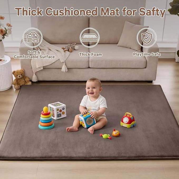 Baby Play Mat for Floor,Ultra Thick Elastic Foam 79"x110" Playmat Tummy Time Muscle Crawling Exercise Activity Cushion Gym Mat Nursery Playroom Area Kids Rug for Babies, Toddlers,Infants,Camel