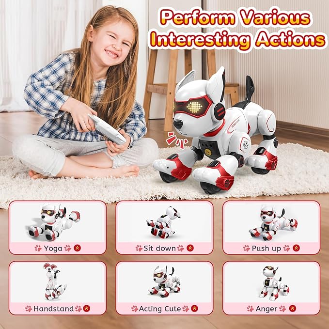 Robot Dog Toy for Kids, Programmable Interactive RC Pet with Voice Control & Touch Sensor, Imitates Animal Sounds, Plays Music, Dance Modes, Robotic Puppy Toy for Kids Boys & Girls (Red)