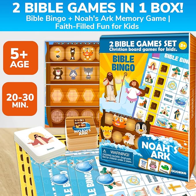 QUOKKA Noah's Ark and Bible Bingo for Kids - 2 Bible Games Set in 1 Box – Kids Bingo & Noah’s Ark Memory Board Game – Faith-Based Christian Toys for Sunday School, Homeschool, Family Game Night