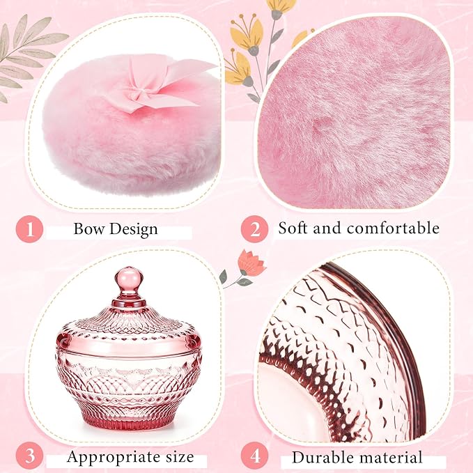 Tioncy 3 Pcs Large Body Powder Puff and Container Valentine's Day gift Powder Container with Puff Crystal Case Soft Washable Reusable Velour Face Body Glitter Wet Dry Makeup (Retro,Purplish-red)