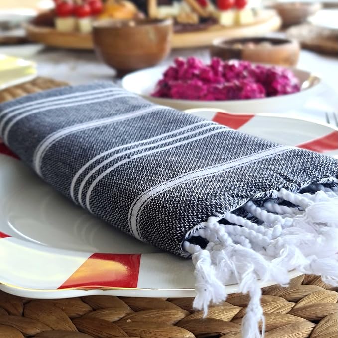 Cacala 100% Turkish Cotton Kitchen Tea Towels, Highly Absorbent Luxury Soft Quick Drying Dish Towel with Hanging Loop for Gym, Yoga, Bath, Sports, Cleaning and Kitchen (23 x 36), Black