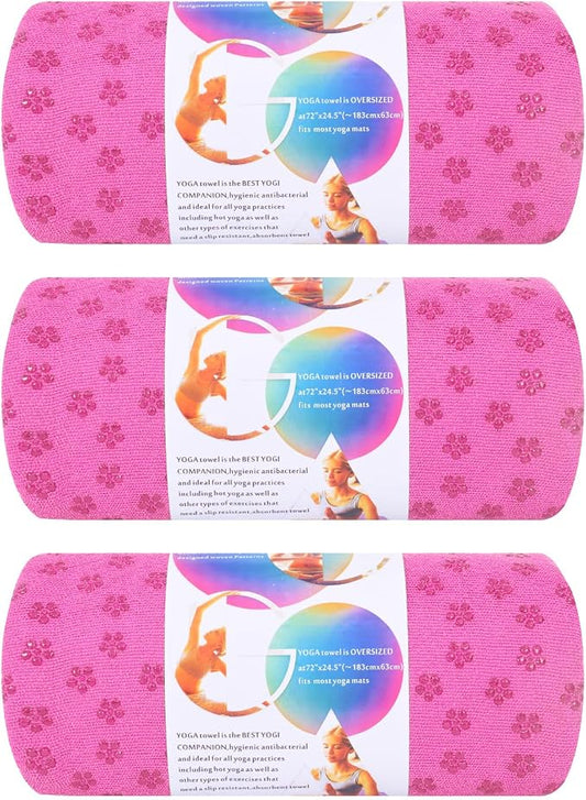3 Pack Hot Yoga Towels with Plum Blossom Grip Dots, Non Slip Yoga Mat Towel, Super Absorbent Soft Suede Microfiber Mat Cover for Hot Yoga, Pilates, Bikram & Workout, 24" x 72", Hot Pink