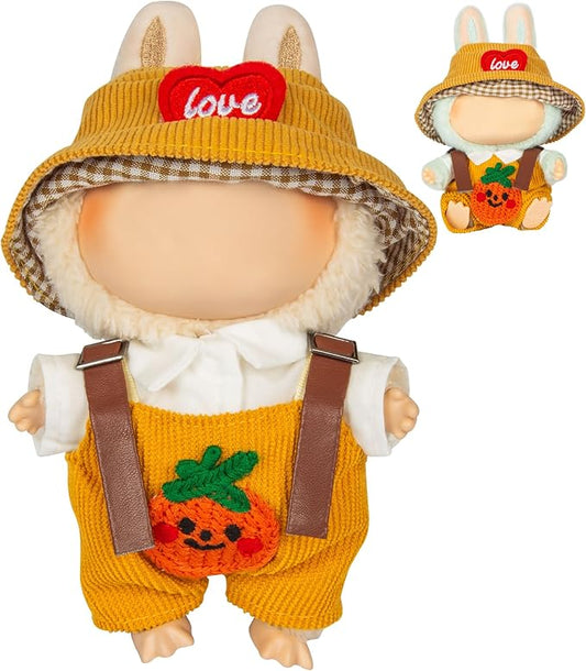 3-Piece Doll Clothes for Labubu & 17cm Dolls – Stylish Fisherman Hat Set, Kawaii Doll Outfits with Accessories for Collectors or Display - Yellow Pumpkin (No Dolls)