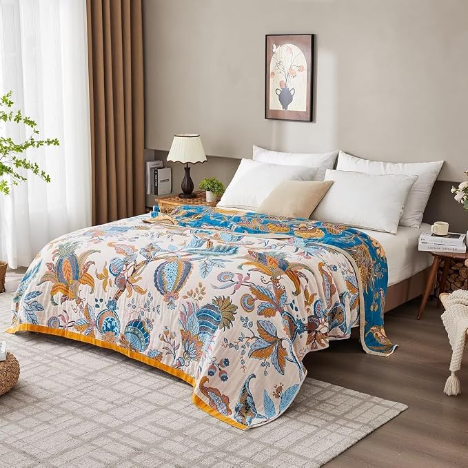 Boho Throw Blanket for Bed 100% Cotton Bohemian Blankets Ultra Soft Woven Muslin Decorative Blankets All Seasons Vintage Quilt Knitted Blanket for Sofa Chair(Beige, 80"x90")
