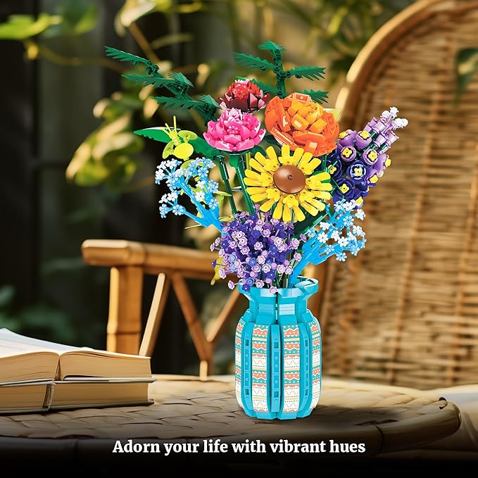 Flowers Bouquet Building Blocks Set with Vase 1853PCS, Botanical Collection with Sunflower Rose for Home & Office Décor for Adults Girls 14+