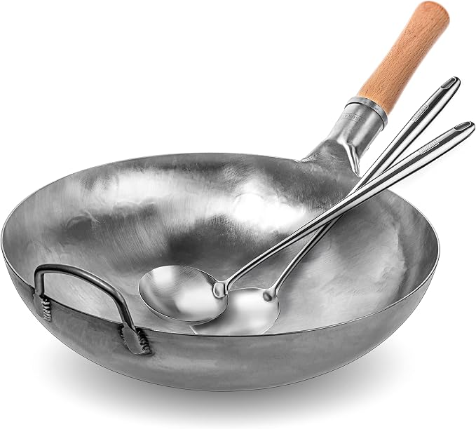 YOSUKATA Non-seasoned 14" Round-Bottom Carbon Steel Wok Pan with 17" Spatula and Ladle