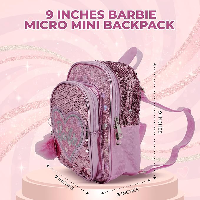 AI ACCESSORY INNOVATIONS Barbie 9” Micro Mini Backpack Purse Featuring a 3D Heat Logo Patch, Sequins & Glitter PU, & Pompom Dangle, Pink
