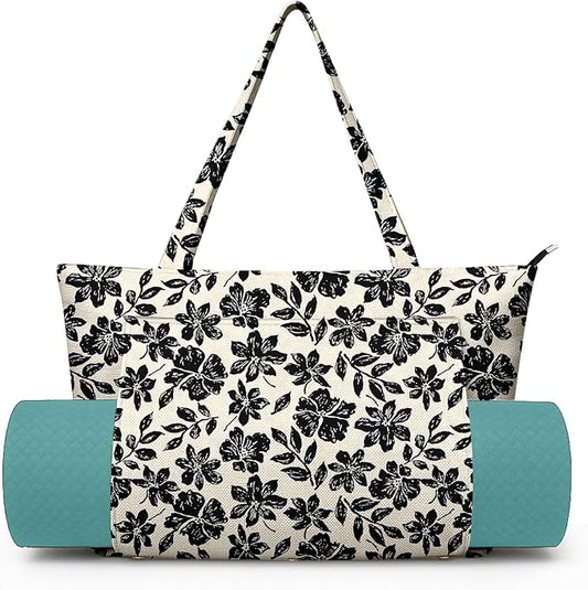 Yoga Bag for Women, Large Canvas Yoga Mat Tote Bag with Yoga Mat Carrier - Large Mat Pocket Fitness Tote for Pilates, Gym, Travel, Office & Beach