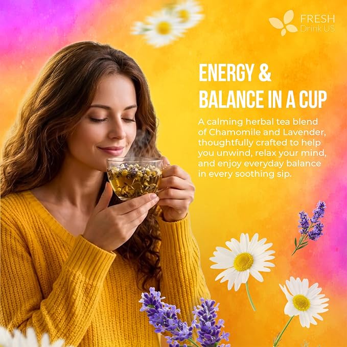 FreshDrinkUS, Premium 60 Chamomile Lavender Tea Bags, Calming Herbal Blend Strong Support for Relaxation & Better Sleep | Naturally Caffeine-Free Bedtime Tea with Soothing Floral Aroma, 100% Natural, Hand-made No Sugar/ Caffeine/ Gluten, Vegan