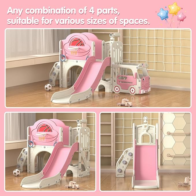 NYEEKOY 9 in 1 Toddler Slide, Bus-Themed Kids Slide and Climber Playset with Basketball Hoop, Ring-Toss, Car Playhouse, Toy Telescope, Freestanding Indoor and Outdoor Playground for Baby Age 3+