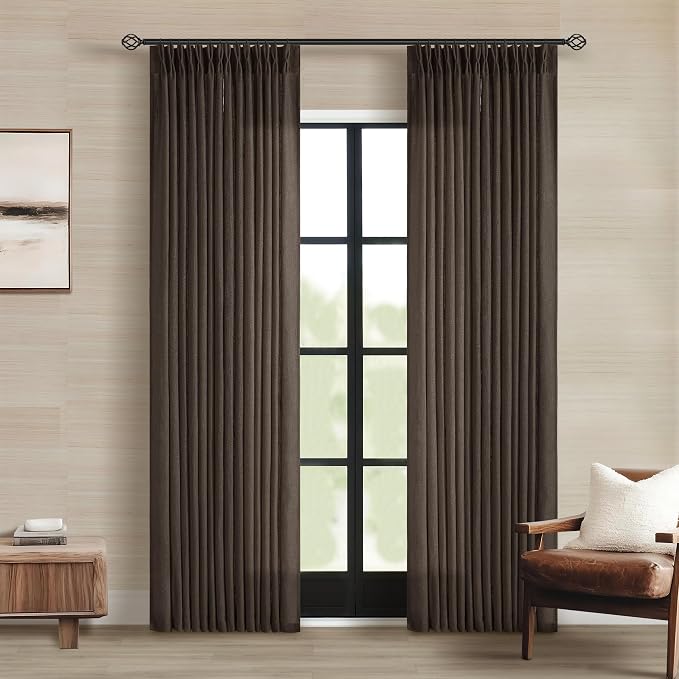 Dark Chocolate 84 Inch Pinch Pleated Semi Sheer Linen Curtains 2 Panels | for Living Room Bedroom, Memory Training Shaped, Light Filtering, Pinch Pleat Drapes with Hooks Rings, Window Curtains 40x84