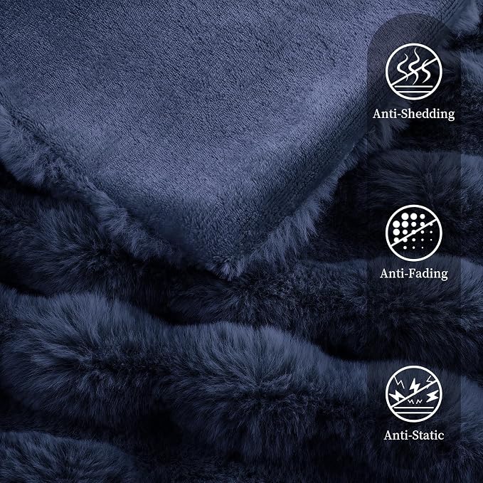 Faux Rabbit Fur Throw Blanket for Couch, Navy Blue Throw Blankets 50"x60" | Cozy Reversible Fluffy Throw, Luxury Plush Thick Bubble Blanket, Mothers Gifts for Women, Soft Warm for Bed, Home Decor