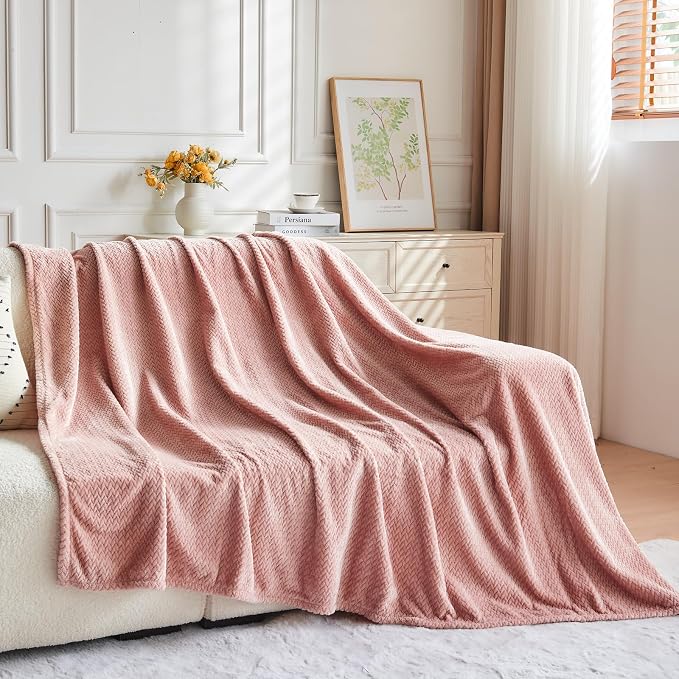 NEWCOSPLAY Fleece Leaves Pattern Queen Blanket, Dusty Pink, 90"x90" | Super Soft Throw Blanket, Lightweight Cozy Bed Sofa Blanket, Premium Silky Flannel Fleece, Travel Blanket for All Season Use