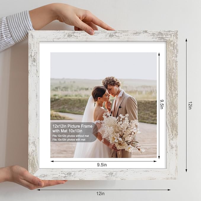 Hongkee 12x12 Picture Frame Set of 4 - Made of Glass and Distressed White Wooden Frame, Display Square Pictures 10x10 with Mat or 12 x 12 without Mat, Desktop & Wall Collage Photo Frame
