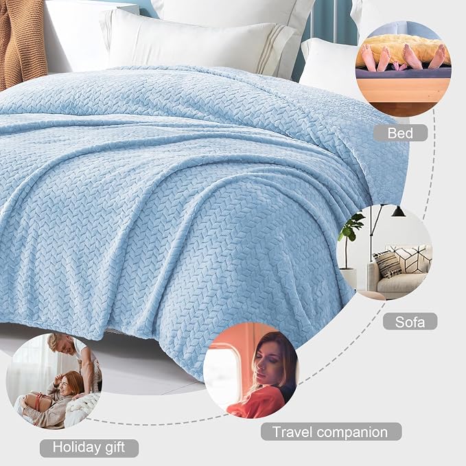 Exclusivo Mezcla Light Blue Fleece King Size Blanket for Bed, 90x104 Inches Soft Cozy 3D Decorative Jacquard Flannel Blankets, Lightweight Fuzzy Plush Warm Blankets for All Seasons | Cozy Fluffy Lightweight Blankets for Summer, Decorative Plush Flannel...