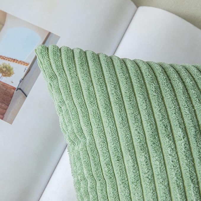 MIULEE Lumbar Corduroy Throw Pillow Covers Set of 2 12x20 Sage Green | Decorative Soft Striped Textured Cushion Cases, Boho Pillowcases for Home Decor, for Couch Chair Sofa Bed Living Room