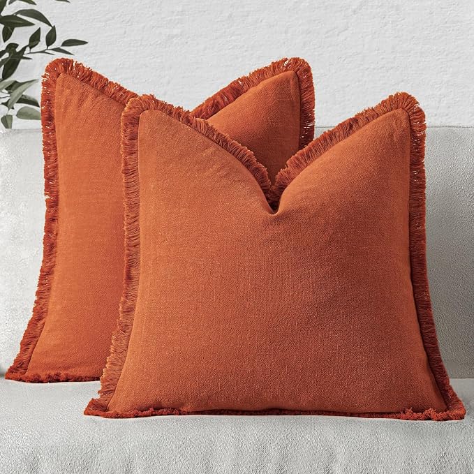 MIULEE Linen Decorative Fall Euro Throw Pillow Covers Burnt Orange 22x22 | Set of 2, Cottagecore Decor, Boho Farmhouse Neutral Fringe Pillow Covers, Rustic Fall Couch Cushion for Sofa Bed Living Room