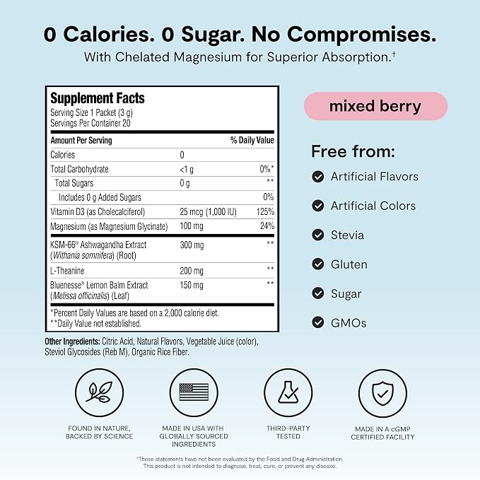 Ü Relax 2.0 Powder Drink Mix, Mixed Berry, Ashwagandha & L-Theanine, Adaptogens, Cortisol, Sleep Aid, Ready-to-Mix, Sugar Free, Zero Calorie, 20 Stick Packs