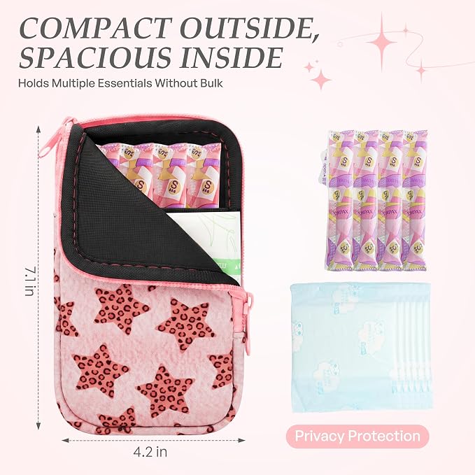 KJQJLY 2 Pack Portable Tampon Organizer Bag Tampon Holder & Storage Case with Zipper for Travel, Discreet Period Bag for Purse, Waterproof Feminine Products Pouch for Women (Star)